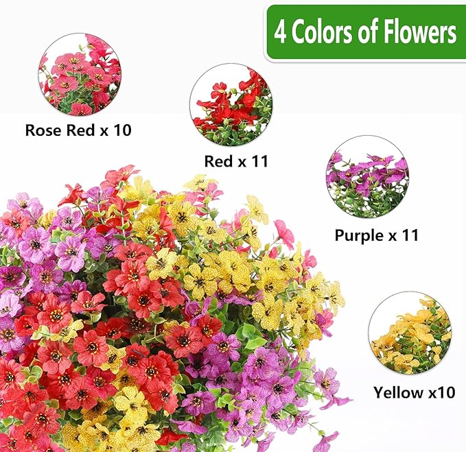 Artificial Flowers for Outdoor,Silk Flowers No Fade Fake Plastic Flowers UV Resistant Faux Plants for Outdoors Outside Front Porch Hanging Planter Window Box Garden Home Decoration,42 Pack(Mixed)