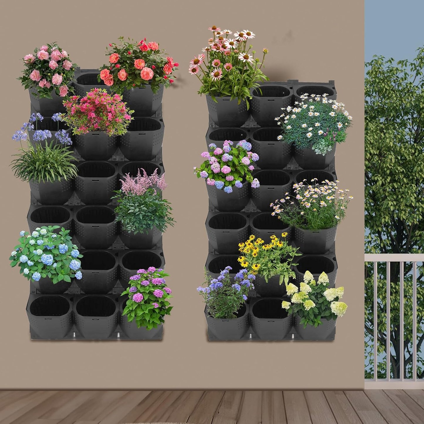 Self Watering Outdoor Wall Mounted Planter Vertical Garden with 36 Pockets Plastic Plant Grow Pots for Hanging Flower Herbs Vegetables Home Indoor Outdoor Black