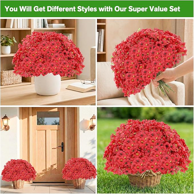 Powbrace 60 Pack Artificial Flowers for Outdoor Indoor Fake Plants, Faux Silk Flowers for Outdoors Outside Front Porch Hanging Planter Window Box Garden Spring Decoration(Red)