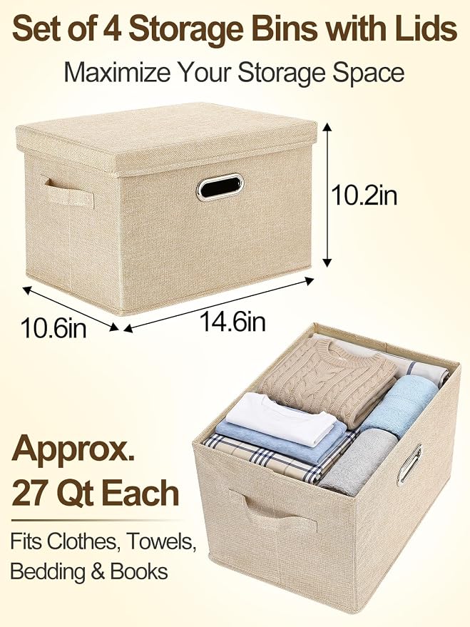 MADHOLLY 4 Pack Stackable Sturdy Dorm Room Storage Bins with Lids - 27qt Easy to Assemble Collapsible Fabric Cube Storage Boxes with Handles, Under Bed/Closet Organizers, Beige