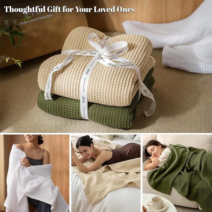 PHF 100% Cotton Waffle & Muslin Blanket Queen Size, Soft Breathable Luxury 400GSM Versatile Reversible Bedding for Bed, Great for Layering in Cold Weather, Home Decor Gift, 90" x 90", White