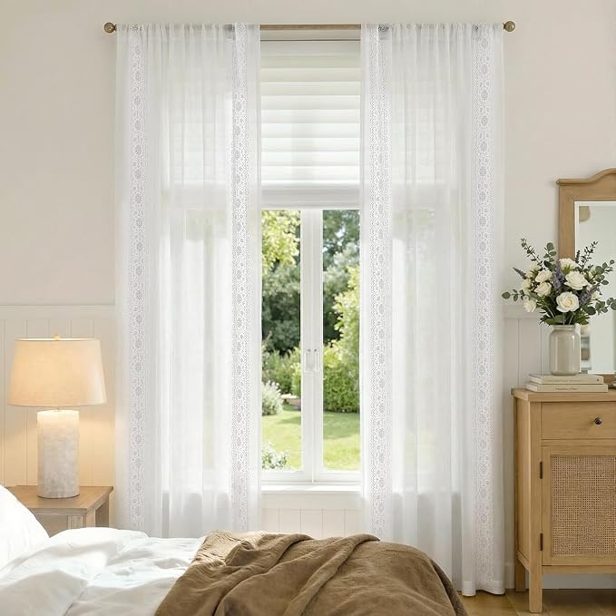 jinchan Weslie Floral White Sheer Curtains for Living Room 96 Inch Long Embroidered Voile Farmhouse Linen Curtains for Bedroom Bordered Flower Patterned Cottage Core Window Drapes 2 Panels Off White