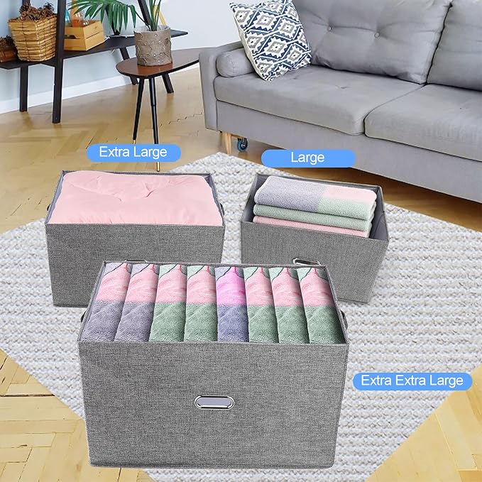 Large Linen Fabric Foldable Storage Bins with Removable Lid and Handles, Washable Storage Box Organizer Containers Baskets Cube with Cover for Bedroom,Office(Pink, XXL(2-Pack))