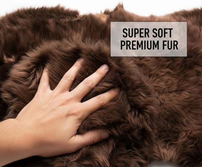 Natural & Genuine Dark Brown Sheepskin Rug, Real Fluffy Double Pelt 2x6 ft Fur Area Rug for Bedroom & Living Room Decor, Soft & Cozy Sheep Skin Throw