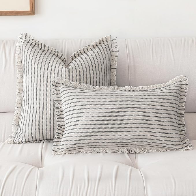 YEENAASY Throw Pillow Covers 12x20 Set of 2 Striped Fringe Pillow Cover Farmhouse Cushion Covers with Tassel Neutral Boho Pillows Decorative Square Pillowcase for Couch Sofa Bed, Grey