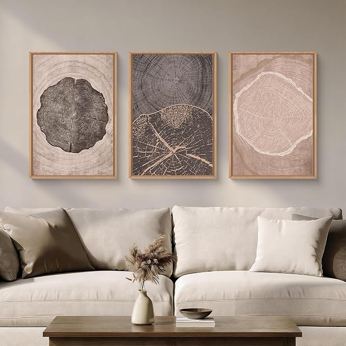 HOURIA Neutral Brown Tree Rings Framed Canvas Wall Art Set,Vintage Abstract Dark Gray Wood Stump Wall Decor,Modern Minimalist Wood Grain Slice Artwork for Living Room,Bedroom,Farmhouse- 16"x24"x3