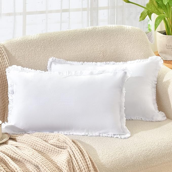 ZWJD Pillow Covers 12x20 Set of 2 White Throw Pillow Covers with Fringe Chic Cotton Decorative Pillows Square Cushion Covers for Sofa Couch Bed Living Room Farmhouse Boho Decor