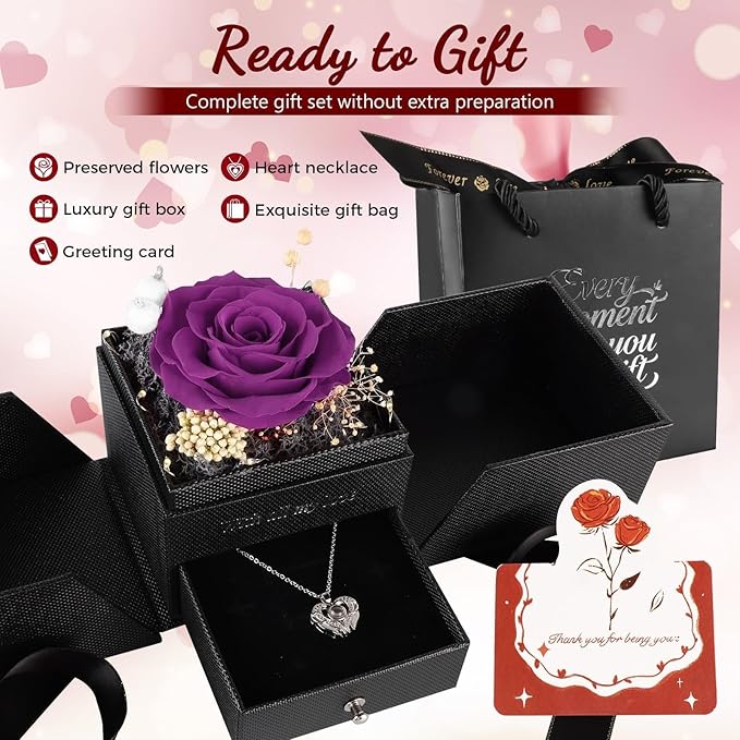 TranquilBliss Gifts for Mom, Preserved Real Purple Rose Gift Box with Heart Necklace,“I Love You” in 100 Languages, I Love You Eternal Flowers Rose Gift Set for Mother's Day, Anniversary