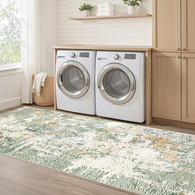 Runner Rug Kitchen Washable Rugs: 2x10 Non-Slip Abstract Soft Modern Stain Resistant Indoor Floor Neutral Accent Throw Carpet for Hallway Bathroom Laundry Room Entryway Bedroom- Green
