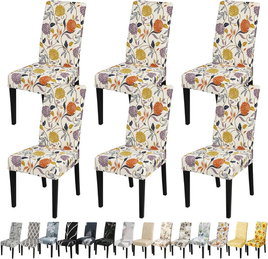JQinHome Pattern Chair Covers for Dining Room Set of 6, High Stretch Removable Washable Parsons Chair Slipcover for Home Party Hotel Wedding Ceremony (Flower,6PCS)