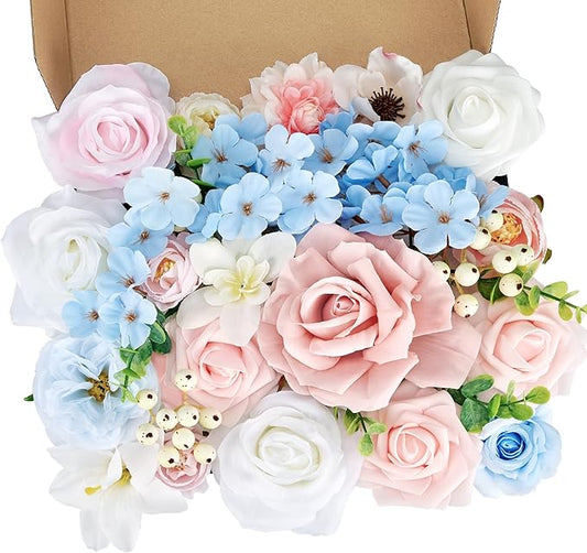 Artificial Flowers Combo Box, 39PCS Fake Flowers, Silk Flower Mix with Wire Stem, DIY Wedding Bridal Bouquet for Arrangement, Shower Party Home Décor, Soft Pastel Mix