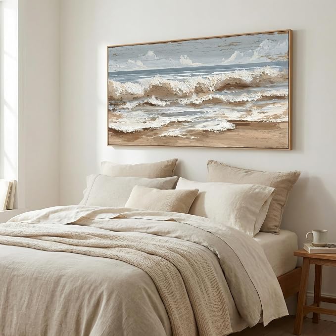 The Mode Art Ocean Wave Canvas Print Framed Beach Landscape Wall Decor Neutral Blue & Beige Artwork for Living Room Bedroom Sofa Fireplace 20x40inch