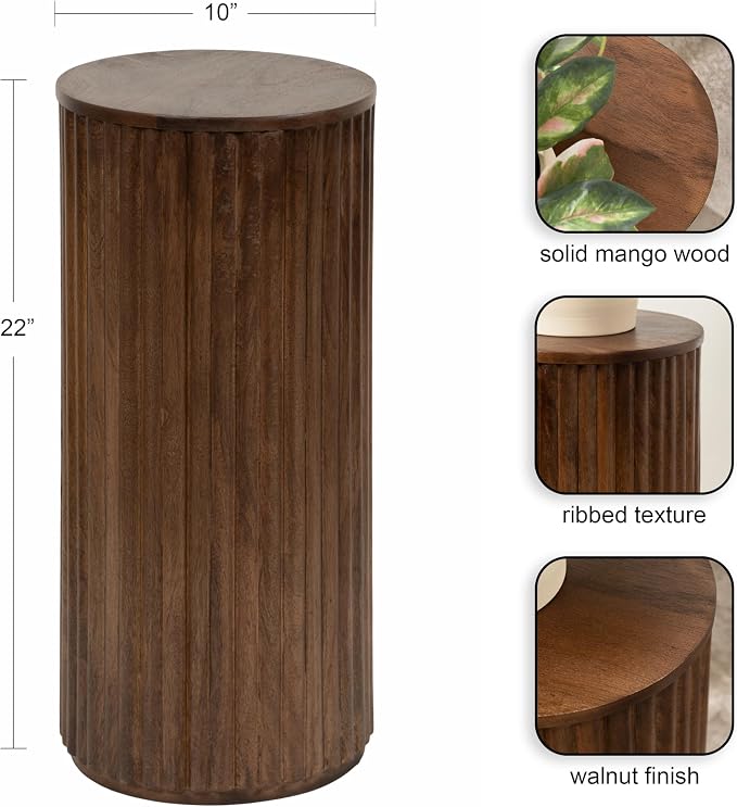Kate and Laurel Reid Modern Wooden Ribbed Drink Table; 10 x 10 x 22; Walnut Brown; Solid Wood Mini Table for Use as Pedestal Plant Stand Indoors or Small Nightstand Option