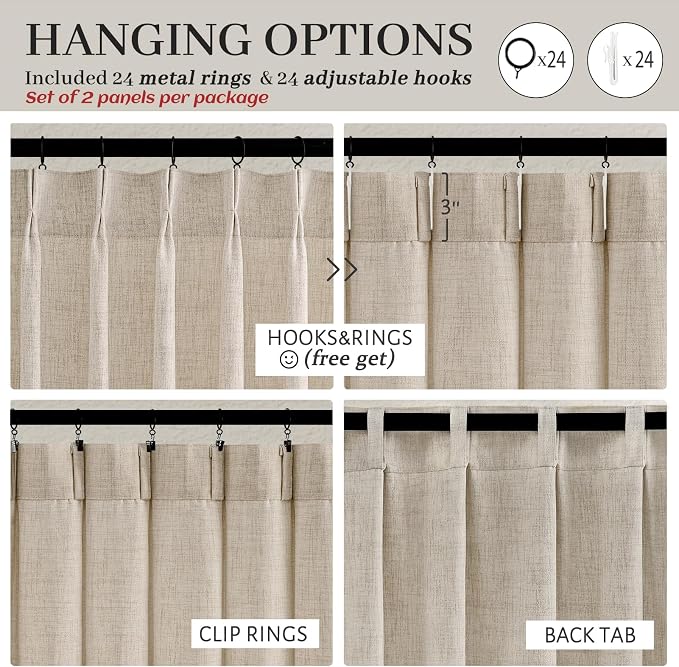 Thick Linen Extra Wide 70 x 90 Inch Curtains for Living Room Light-Filtering Sheers 2 Panels Set, Pinch Pleated Natural Beige Summer Privacy Window Drapes 90 Inches Long for Office/Class Room Back Tab
