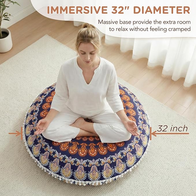Codi Meditation Floor Pillows, Round Large Pillow Seating for Adults, Bohemian Mandala Circle Floor Cushion for Outdoor Fireplace Yoga Living Room, 32 Inch, Yellow Memory Foam Added