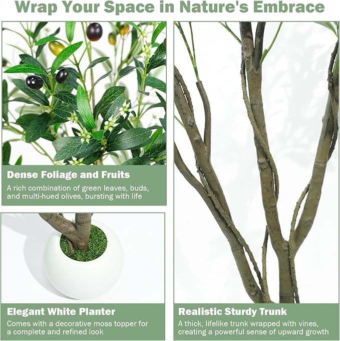 Caxchiling Artificial Olive Tree 5FT, Indoor Outdoor Faux Tree | Natural Trunk with Olive Fruits and Buds in White Planter for Home Office Living Room