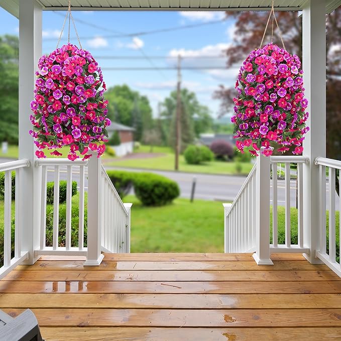 Artificial Fake Hanging Flowers Plants for Outdoor Outside Spring Summer Decoration 4PCS Faux Silk UV Resistant Realistic Morning Glory Trailing Vines for Home Porch Patio Balcony(Rose red & Magenta)