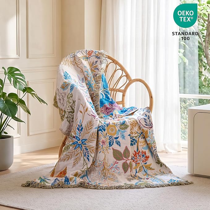 MSGKV Boho Throw Blanket for Bed Cotton 60"x80" Floral Blanket Twin Size Couch All Seasons Muslin Summer Breathable Lightweight Farmhouse Blankets