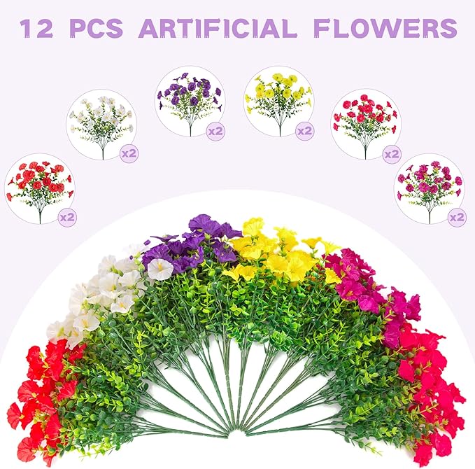 Hrobek Artificial Flowers for Outdoors, 12 Bundles Fake Plastic Petunias Flower Plant, Faux UV Resistant Silk Morning Glory for Outside Planter Garden Front Porch Door Spring Summer Decor