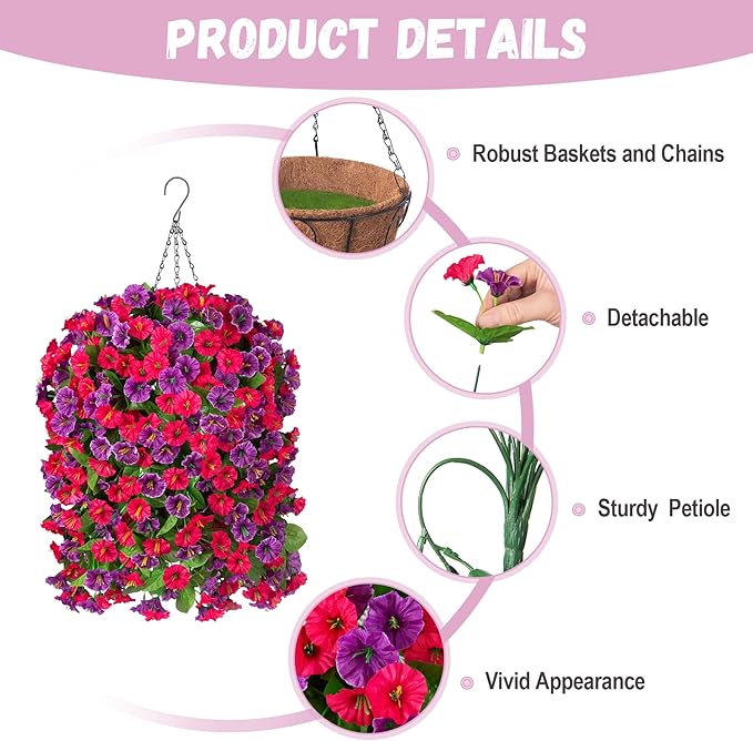 INXUGAO Artificial Flowers with Hanging Basket, Outdoor Faux Plants Silk Morning Glory Vines, Fake Green Arrangement for Garden Patio Spring Summer Decor(4pcs,Hot Pink Purple)