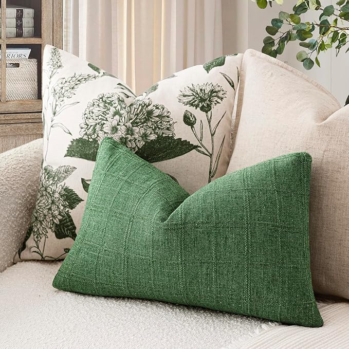 Foindtower Set of 2 Decorative Linen Check Throw Pillow Covers Neutral Farmhouse Lumbar Cushion Covers Modern Boho Accent Home Decor for Sofa Chair Couch Bedroom Living Room,12×20 Inch,Forest Green
