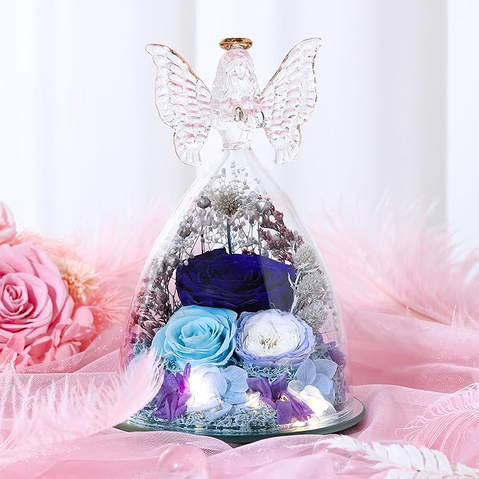 Mothers Day Rose Gifts for Women Preserved Real Flower in Glass Angel Figurines Roses for Delivery Prime Birthday Gifts for Mom Grandma Girlfriend Wife Her,Blue Austin Roses