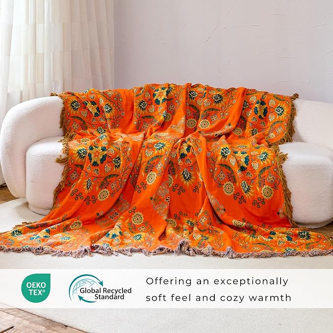 Boho Throw Blanket for Chair, 100% Cotton Woven Rustic Quilt with Tassel 50”x60”, Super Soft Muslin Blanket with Floral, Decorative Reversible Bedspread/Sofa Cover for All Seasons- Orange