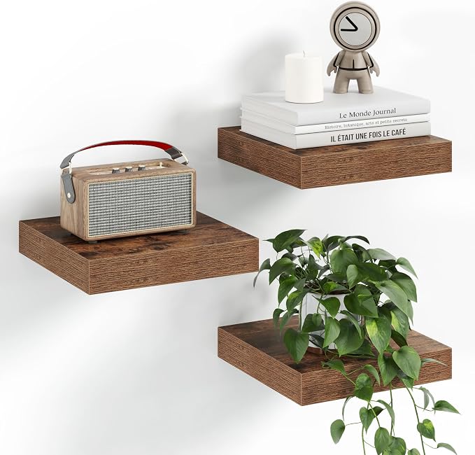 Fun Memories Small Floating Shelves for Wall - 8 Inch Square Wall Shelves with Invisible Brackets, Brown Shelves for Bathroom, Living Room, Bedroom, and Kitchen Decor, Set of 3