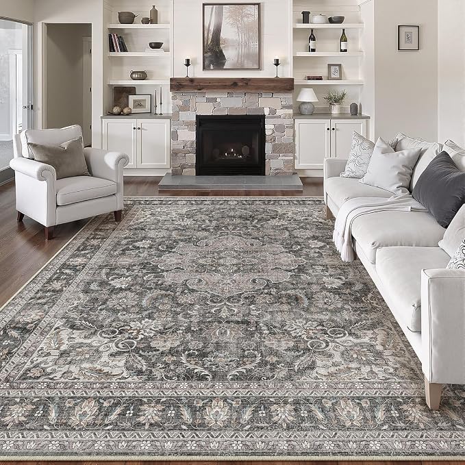 8x10 Washable Area Rug Black Grey Vintage Non Slip Soft Medium Pile Rug for Living Room Bedroom Dining Room Office Distressed Oriental Indoor Large Throw Carpet for Home Decor