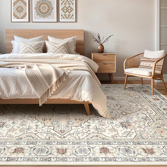 12x15 Area Rug Living Room: Washable Boho Large Neutral Vintage Soft Rug Stain Resistant Farmhouse Non Slip Indoor Floor Carpet for Bedroom Nursery Kids Playroom Office Dining Room- Cream Blue