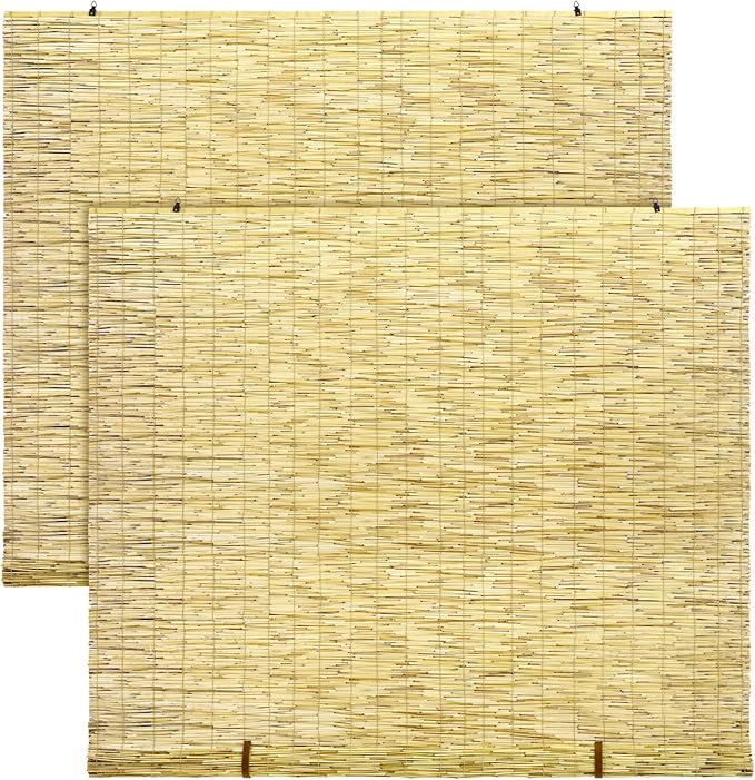 DoubleFill 2 Pcs Bamboo Shades Outdoor Reed Roll up Blinds 72" W x 72" H Blackout Sunshade Cordless Bamboo Blinds for Home Porch, Patio & Windows Decor Shutters Sunlight Privacy Screen(Natural)