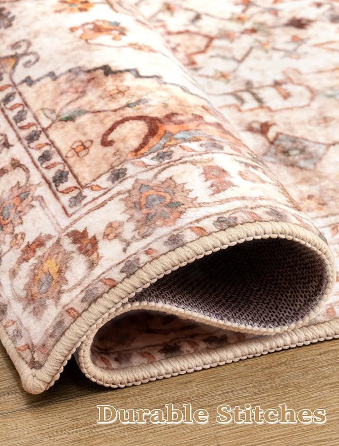 SERISSA Boho Washable Runner Rug, 2x6 Rug Non-Slip Vintage Peach Cream Hallway Kitchen Runner Rug Ultra Soft Print Distressed Floor Carpet for Bedroom Bathroom Laundry Living Room