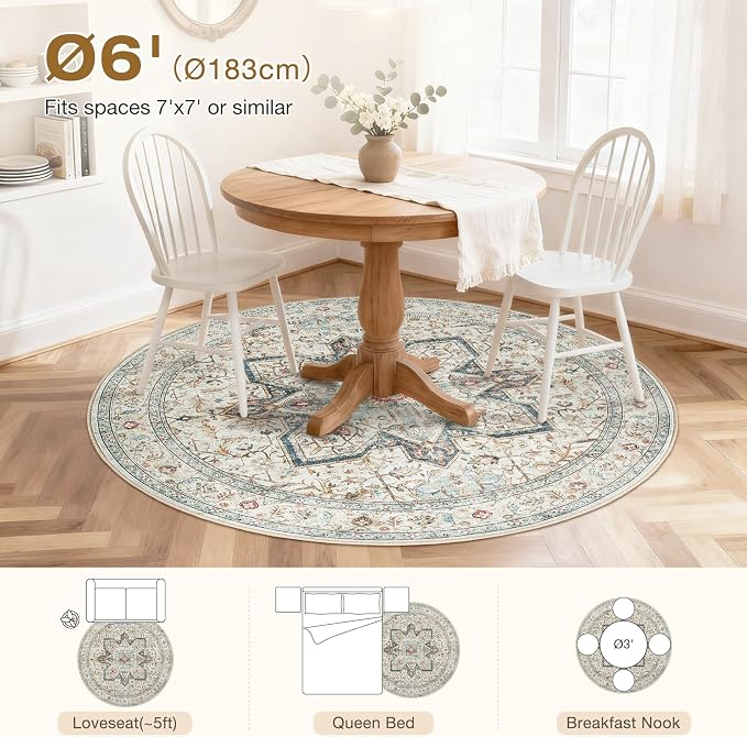 Tortania 6' Round Area Rug Living Room Rugs - Washable Boho Rug Vintage Oriental Distressed Farmhouse Large Thin Indoor Carpet for Bedroom Under Dining Table Home Office - Aqua Multi