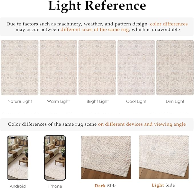 6x9 Washable Neutral Area Rug Living Room Beige Floral Non Slip Low Pile Throw Rug Modern Traditional Stain Resistant Carpet Bedroom Kitchen Dining Room Office Playroom