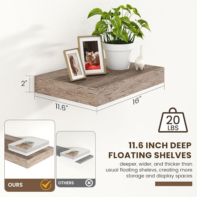 FLYJOE 12 Inch Deep Floating Shelves, 16'' Grey Floating Shelves Set of 2 | 12'' Deep Shelves for Wall, 16'' x 12'' Rustic Grey Wood Shelves for Farmhouse Living Room Bathroom Kitchen Laundry Room