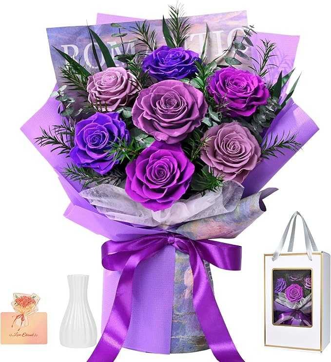 Flowers for Delivery Prime 7 Roses, Mothers Day Flowers for Mom, Mothers Day Gifts, Forever Preserved Purple Flower Bouquet Eternas Rose Birthday Gifts for Women Gf Gifts Wedding Anniversary