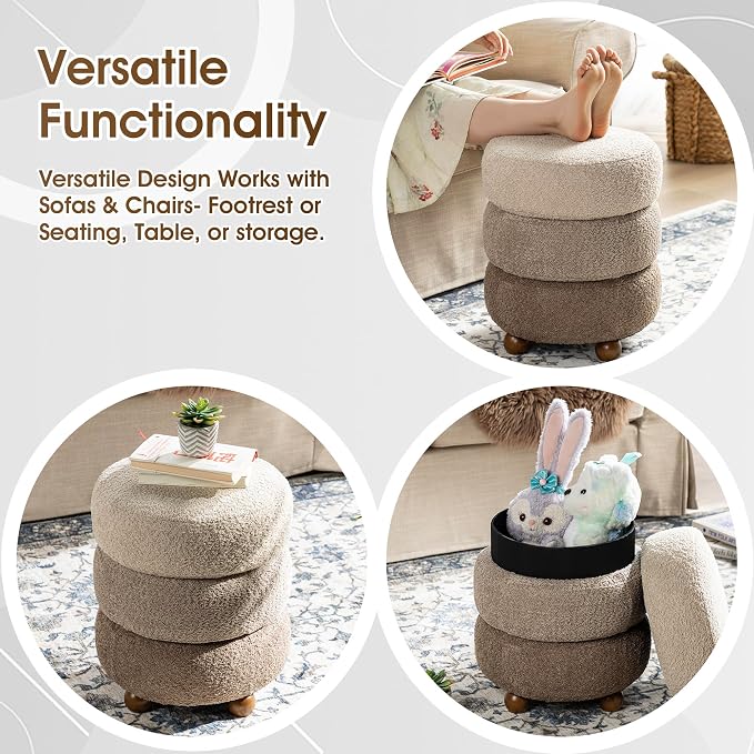 Glitzhome Round Ottoman with Storage Set of 2 Vanity Stool Foot Rest with Removable Lid Modern Upholstered Velvet Storage Ottoman Stool for Living Room and Dorm, Gradient Brown