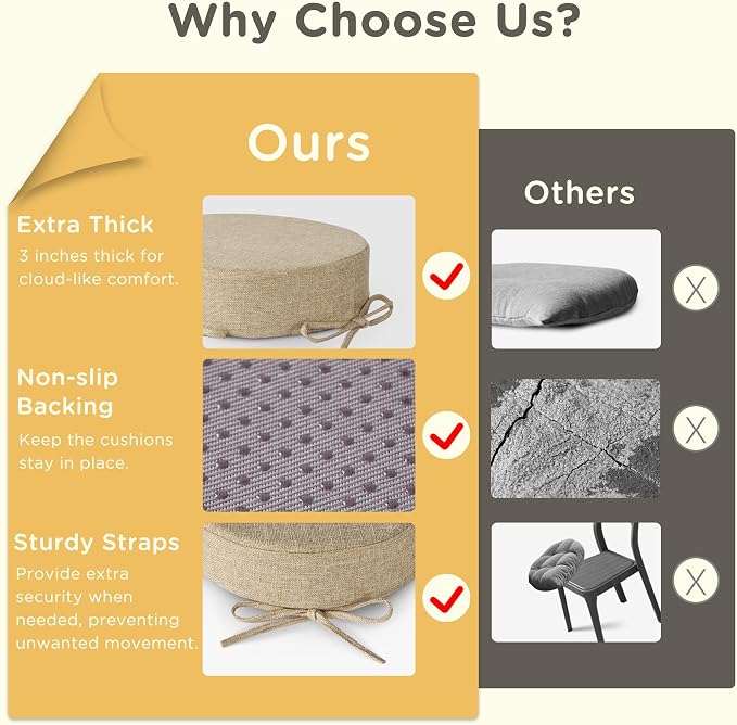 Bar Stool Cushions Round 3" Thick Round Seat Cushions for Chairs 4 Pack Non Slip Bistro Chair Pads with Machine Washable Cover (12 Inch, Beige)