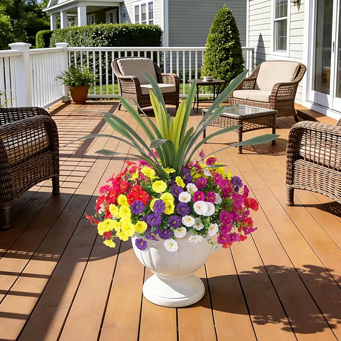 INXUGAO Artificial Flowers for Spring Outdoors Fake Plants Outside, 13 Bundles Silk Morning Glory with Eucalyptus UV Resistant Realistic Faux Flowers for Porch Planter Garden Patio Decor (Six Mixed)