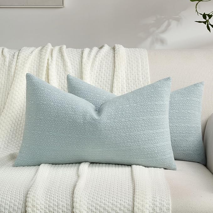 FUTEI Dusty Blue Chenille Throw Pillow Covers 12x20 Inch Set of 2,Soft Striped & Diamond Textured Lumbar Pillow Cases,Modern Home Decor for Couch Living Room