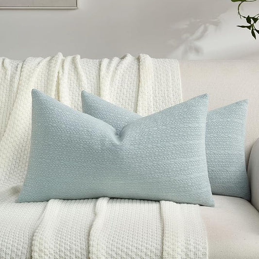 FUTEI Dusty Blue Chenille Throw Pillow Covers 12x20 Inch Set of 2,Soft Striped & Diamond Textured Lumbar Pillow Cases,Modern Home Decor for Couch Living Room