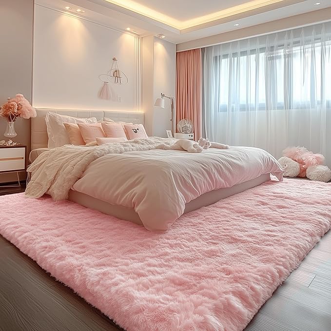 PAGISOFE 3x5 Pink Fluffy Shag Area Rugs for Bedroom, Bedside Preppy Dorm Area Rug, Soft Fuzzy Shaggy Rugs for Living Room Girls/Kids Bedroom Nursery Home Decor, Anti-Skid Durable Rectangular Fuzzy Rug