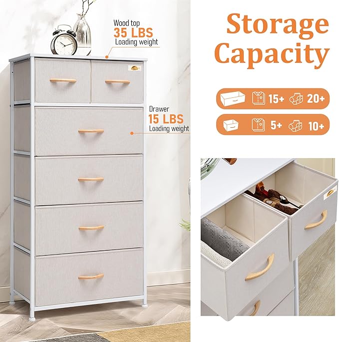 Fabric Dresser for Bedroom, Tall Skinny Dresser with 6 Drawers, Storage Organizer Tower, Steel Frame Wooden Top for Closet, Living Room, Hallway(Beige)