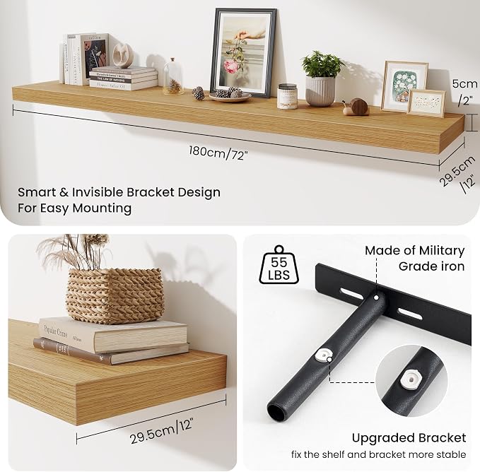 Fun Memories 72 Inch Fireplace Mantel Shelf, 12 Inch Deep Shelves for Display & Wall Storage, Rustic Wood Wall Shelf, Extra Long Floating Shelves for Living Room Laundry Room, Oak, Set of 2