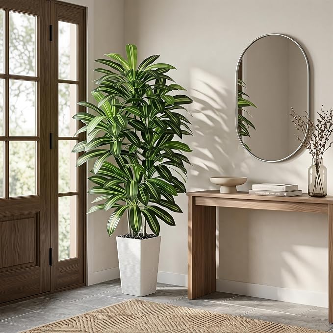 Artificial Dracaena Tree - 6FT Tall Fake Plants with White Tall Planter - Artificial Plants Indoor Floor Plant in Pot - Large Tropical Fake Yucca Potted Tree for Home Office Living Room Decor