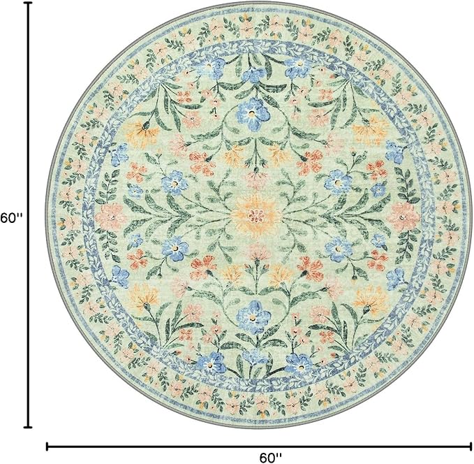 Wonnitar Washable Round Area Rug, 5ft Green Floral Round Rug Boho Soft Circle Carpet, Non Slip Low Pile Circle Accent Carpets for Kitchen Living Room Entryway Bedroom