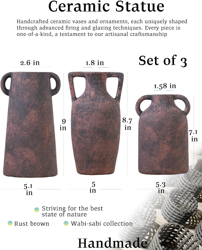 Ceramic Vase Set of 3 with Handles, Rustic Farmhouse Home Decor | Antique brown pottery finish for table, mantel, entryway, bookshelf, living room, and modern farmhouse decor