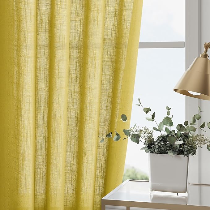 Nanspring Celery Yellow Linen Curtains 108 Inches Long 2 Panels Set Back Tab Loop Pocket Light Filtering Semi Sheer Boho Large Window Decor for High Ceiling Living Room 52x108