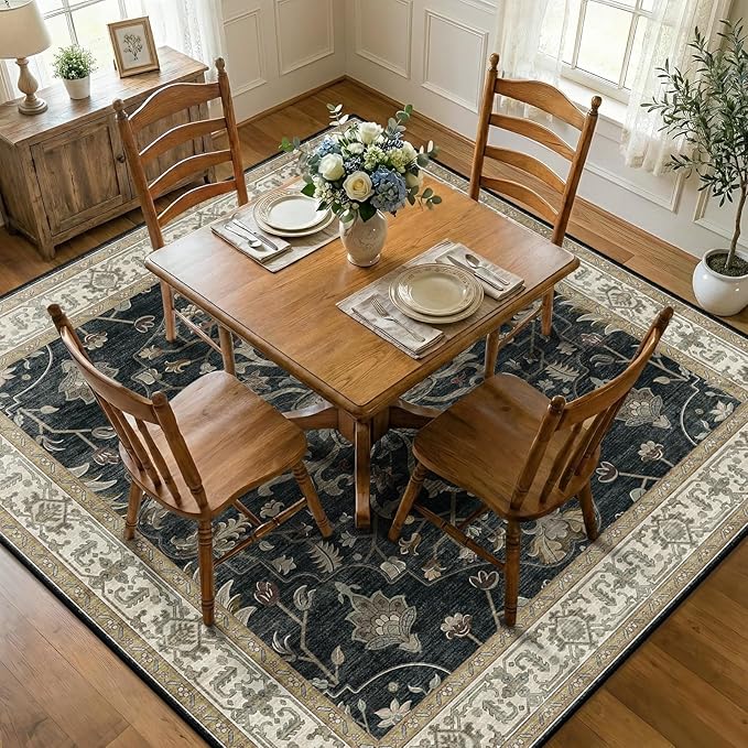 RELEANY Area Rugs Square 8ft Washable Non-Slip, Floral Vintage Distress Print Pattern Medallion Carpet for Living Room Bedroom Dining Room, Vintage Black Brown Neutral
