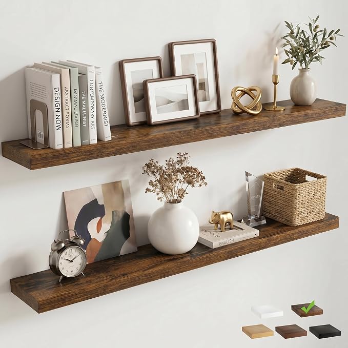Venusmiles Floating Shelves for Wall, 48 Inch Floating Shelves Set of 2, 6.5" D Wooden Wall Mounted Display Shelves with Invisible Brackets for Living Room, Bedroom, Bathroom, Kitchen Decor, Brown